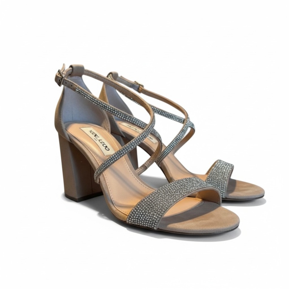 Nina New York Block Heel Sandals 10M‎ Tan Rhinestone Strappy Glam Wedding